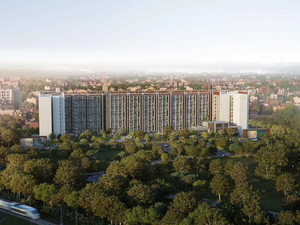 Aerial view of the Casagrand Keatsway community with the Metro line in the foreground