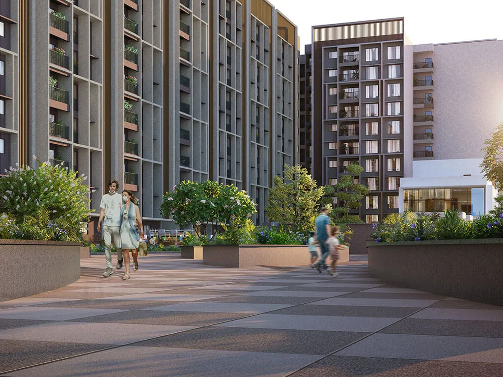 Central plaza with planters and walking paths at Casagrand Keatsway