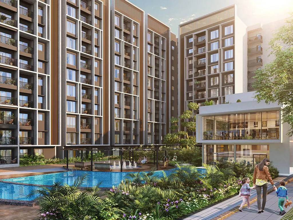 Swimming pool, landscaped garden and glass-fronted clubhouse at Casagrand Keatsway