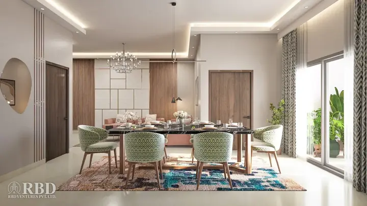 Dining area with a long table and green chairs in a Concorde Neo home (artist's impression)