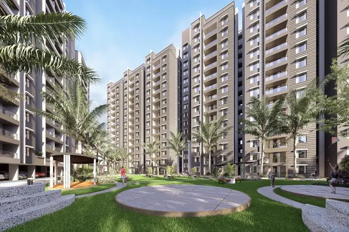 Central lawn with gazebo, amphitheatre steps and palms at Elegant Takt Tropical Symphony