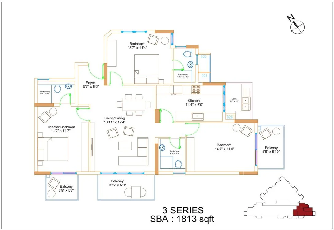 Premia 3 BHK 3 Series floor plan - 1,813 sq ft super built-up, corner unit open on three sides