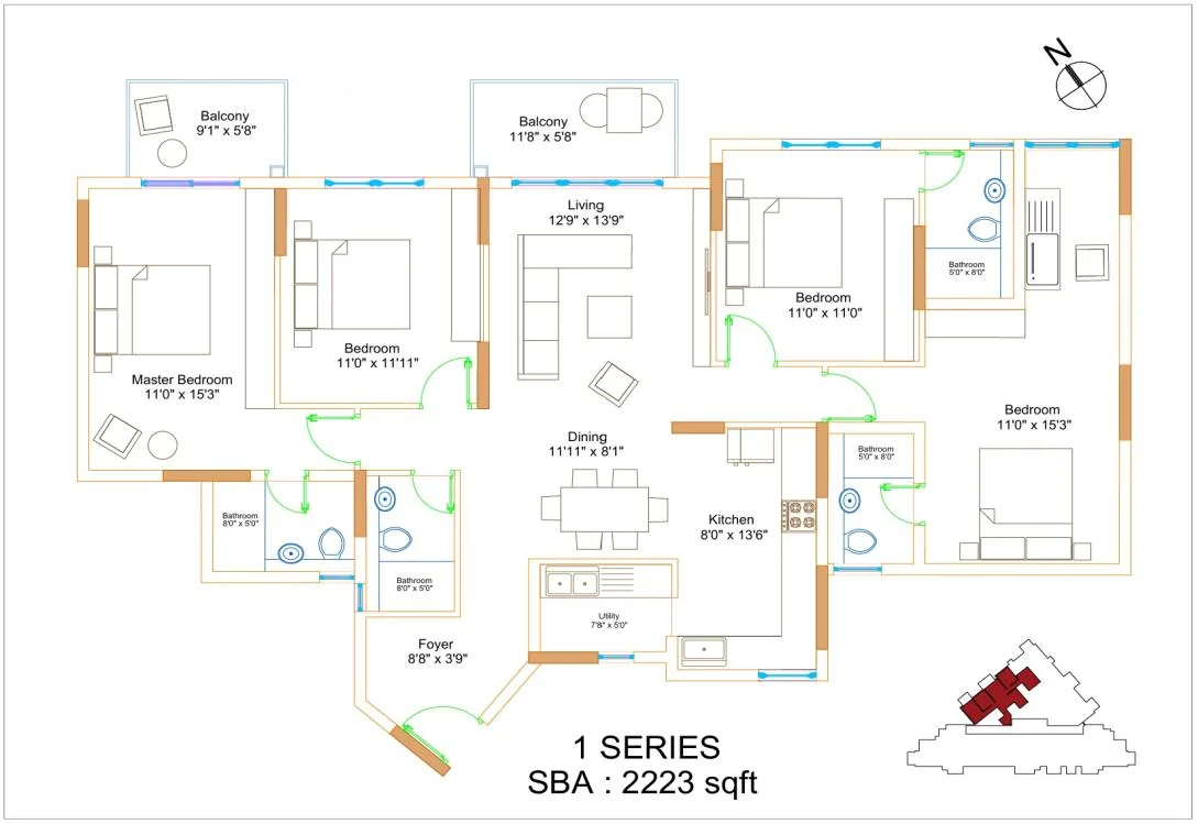 Premia 4 BHK 1 Series floor plan - 2,223 sq ft super built-up with home office in master bedroom