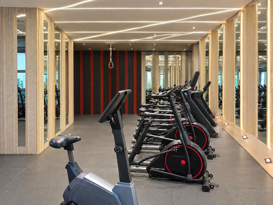 Indoor gym with cardio equipment at Premia, Jakkur