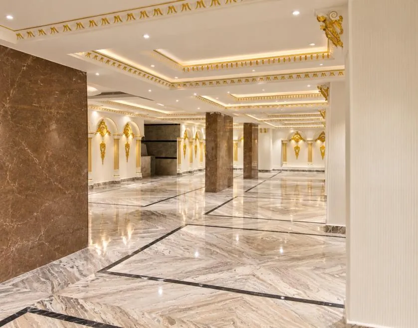 Grand party hall with marble flooring at Premia, Jakkur