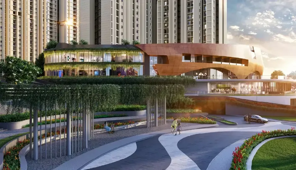 Clubhouse with landscaped drop-off at Purvankara Northern Lights, Bagalur