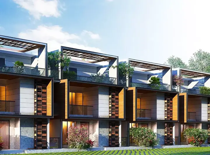 Row of Sattva La Vita triplex villas with rooftop pergolas