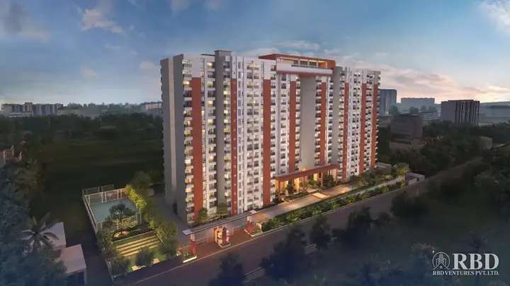 Dusk aerial view of Vajram Newtown II and its podium garden (artist's impression)