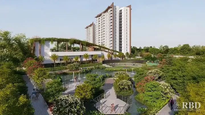 Daytime aerial view of Vajram Vivera beside a landscaped water garden (artist's impression)